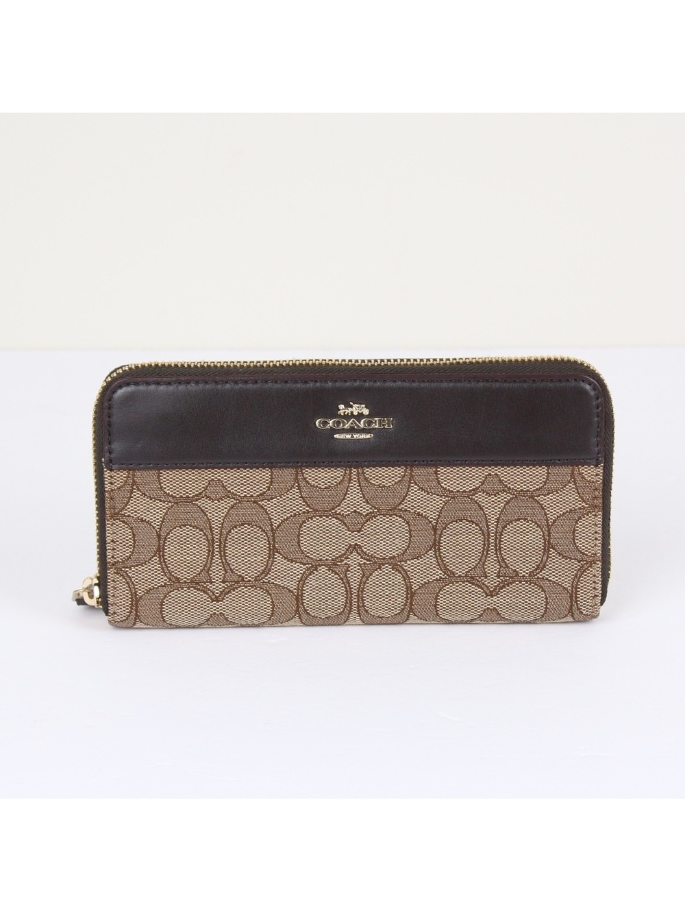 Coach F76638 Signature Outline Accordion Zip Around Wallet Khaki Brown